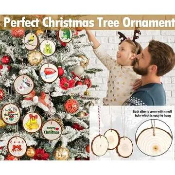 wohohoho 32pcs 3.2-3.6 inches Natural Wood Slices, Unfinished Craft Wood Kit Predrilled with Hole Thickened Wooden Circles with Bark for DIY Ornaments Christmas Wedding Decorations Wood Coasters Tags