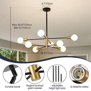 Modern Sputnik Chandeliers Black and Gold Mid Century Chandelier 8-Light Dining Room Light Fixture Height Adjustable Ceiling Lights Farmhouse Chandeliers for Kitchen Island Living Room