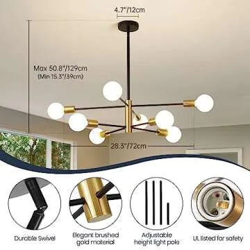 Modern Sputnik Chandeliers Black and Gold Mid Century Chandelier 8-Light Dining Room Light Fixture Height Adjustable Ceiling Lights Farmhouse Chandeliers for Kitchen Island Living Room
