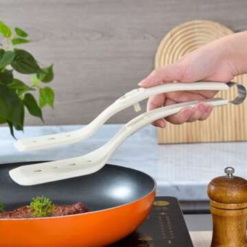 Alipis 2 in 1 Grip and Flip Spatula Tongs Silicone Egg Flipper Tong Bread Pancake Fish French Toast Omelet Making Steak Clamp for Home Kitchen Cooking Tool White