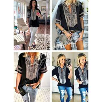 FARYSAYS Women's Clothing Summer Boho Embroidered V Neck Short Sleeve Casual T-Shirt Tops Loose Blouse Black Medium