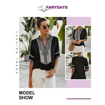 FARYSAYS Women's Clothing Summer Boho Embroidered V Neck Short Sleeve Casual T-Shirt Tops Loose Blouse Black Medium