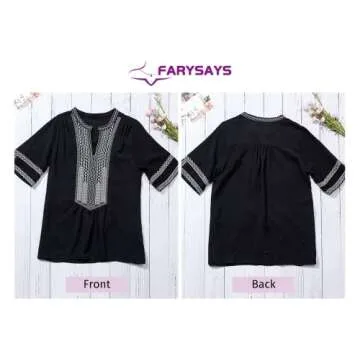 FARYSAYS Women's Clothing Summer Boho Embroidered V Neck Short Sleeve Casual T-Shirt Tops Loose Blouse Black Medium