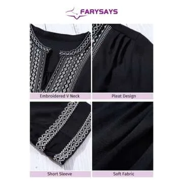 FARYSAYS Women's Clothing Summer Boho Embroidered V Neck Short Sleeve Casual T-Shirt Tops Loose Blouse Black Medium