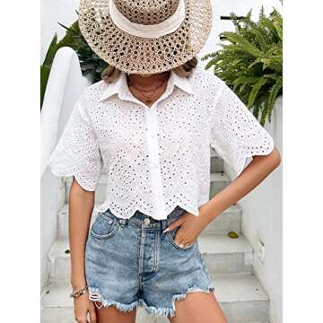 SweatyRocks Women's Short Sleeve Button Down Eyelet Crochet Shirt Asymmetrical Hem Crop Top Blouse White S