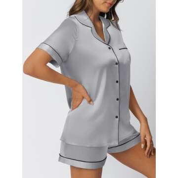 LILLUSORY Silk Satin Pajama Set for Women 2 Piece Lounge Pjs Shorts Matching Summer Sleepwear Button Down Shirt Shorts Grey M