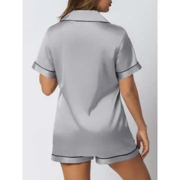 LILLUSORY Silk Satin Pajama Set for Women 2 Piece Lounge Pjs Shorts Matching Summer Sleepwear Button Down Shirt Shorts Grey M
