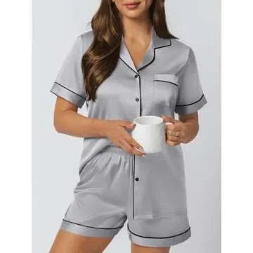 LILLUSORY Silk Satin Pajama Set for Women 2 Piece Lounge Pjs Shorts Matching Summer Sleepwear Button Down Shirt Shorts Grey M