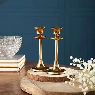 Rely+ Set of 2 Sturdy Metal Candle Stand - Gold Taper Candlestick Holders - Decorative Candlestick Holder for Homes, Hotels, Dinning, Fits 3/4 Inch Thick Candles (Small)