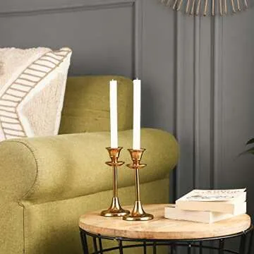 Rely+ Set of 2 Sturdy Metal Candle Stand - Gold Taper Candlestick Holders - Decorative Candlestick Holder for Homes, Hotels, Dinning, Fits 3/4 Inch Thick Candles (Small)