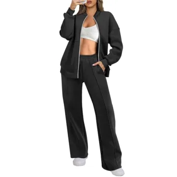 ANRABESS Women's Oversized Zip Up Lounge Set - Black Large