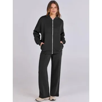 Oversized Zip Up Lounge Set for Women - Black