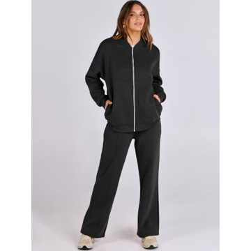 Oversized Zip Up Lounge Set for Women - Black
