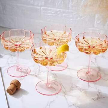 Khen Flower Vintage Wavy Glass Coupes - Set of 4 - 7oz Iridescent Cocktail Glasses with Elegant Desi...