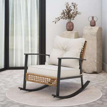 LAUSAINT HOME Outdoor Wicker Rocking Chair, Oversized Patio Chair Comfy Rocker Chair with Thick Cushion, Modern Cozy Lounge Chair for Living Room,Bedroom,Garden(Beige)