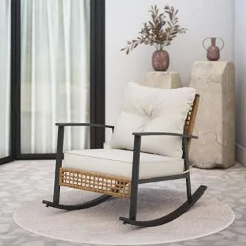 LAUSAINT HOME Outdoor Wicker Rocking Chair, Oversized Patio Chair Comfy Rocker Chair with Thick Cushion, Modern Cozy Lounge Chair for Living Room,Bedroom,Garden(Beige)