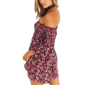 NANFANGLI Women Summer Dress Print Mini Casual Off-Shoulder Dresses (XL, Red)