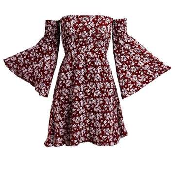 NANFANGLI Women Summer Dress Print Mini Casual Off-Shoulder Dresses (XL, Red)