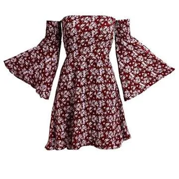 NANFANGLI Women Summer Dress Print Mini Casual Off-Shoulder Dresses (XL, Red)