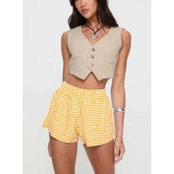 Chunoy Women's Y2K Pajama Shorts - Stylish Plaid Boxers for Women, Gingham Women’s Boxer Shorts with Pockets Large Yellow