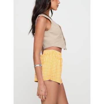 Chunoy Women's Y2K Pajama Shorts - Stylish Plaid Boxers for Women, Gingham Women’s Boxer Shorts with Pockets Large Yellow