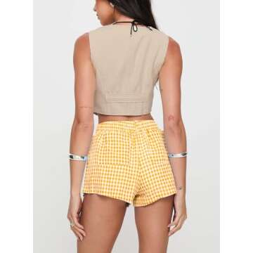 Chunoy Women's Y2K Pajama Shorts - Stylish Plaid Boxers for Women, Gingham Women’s Boxer Shorts with Pockets Large Yellow