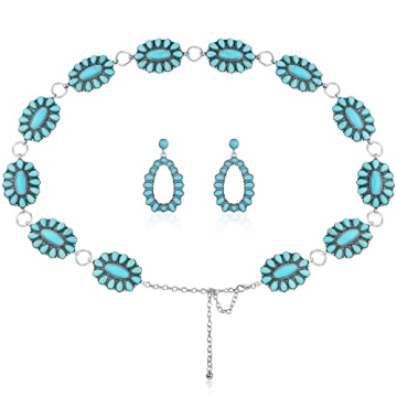 Kenning Turquoise Concho Chain Belt Metal Western Waist Belts for Women Boho Belt 1.2 x 2 Inch Turqu...