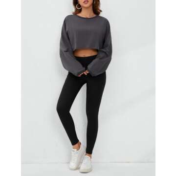 Meladyan Women Long Sleeve Crewneck Crop Top Tee Shirt Sweatshirt Casual Solid Loose Fit Workout Cropped Pullover Tshirt Dark Grey