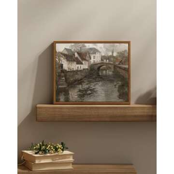 InSimSea Framed Canvas Wall Art Vintage Decor, Landscape Wall Art, Riverside Small Town Canvas Prints Home Decor, Rustic Farmhouse Wall Decor for Bedroom Living Room, Retro Room Decor, 9"x11"