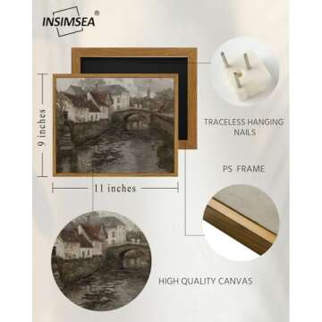 InSimSea Framed Canvas Wall Art Vintage Decor, Landscape Wall Art, Riverside Small Town Canvas Prints Home Decor, Rustic Farmhouse Wall Decor for Bedroom Living Room, Retro Room Decor, 9"x11"