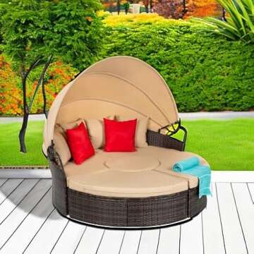 Best Choice Products 5-Piece Modular Patio Wicker Daybed Sectional Conversation Lounger Set w/ 2-in-1 Setup, Adjustable Seats, Clips, Retractable Canopy, Cover, Weather-Resistant Cushions - Beige