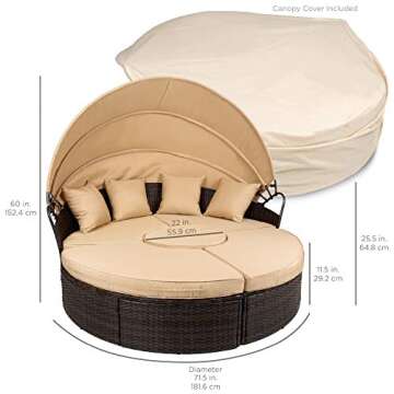Best Choice Products 5-Piece Modular Patio Wicker Daybed Sectional Conversation Lounger Set w/ 2-in-1 Setup, Adjustable Seats, Clips, Retractable Canopy, Cover, Weather-Resistant Cushions - Beige