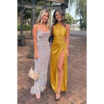 PRETTYGARDEN Women's 2024 Summer One Shoulder Satin Dress Cutout High Split Cocktail Wedding Guest Maxi Dresses (Yellow,Medium)