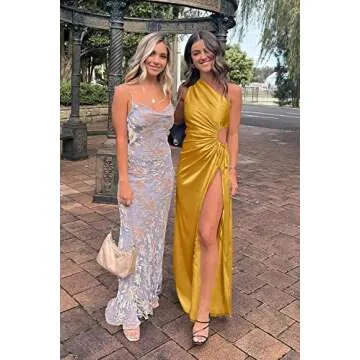 PRETTYGARDEN Women's 2024 Summer One Shoulder Satin Dress Cutout High Split Cocktail Wedding Guest Maxi Dresses (Yellow,Medium)