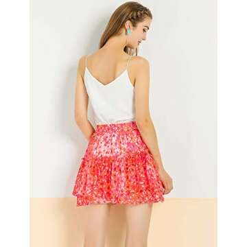 Allegra K Women's 2023 Floral Tiered Ruffle Skirts Cute Summer Flowy Chiffon Mini Skirt Small Pink