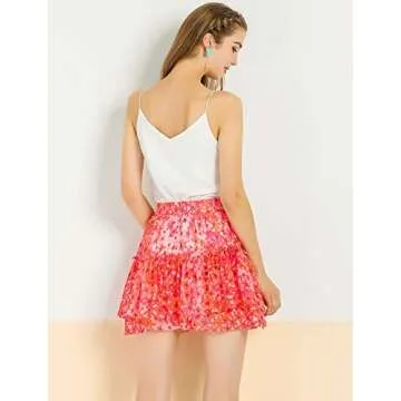 Allegra K Women's 2023 Floral Tiered Ruffle Skirts Cute Summer Flowy Chiffon Mini Skirt Small Pink