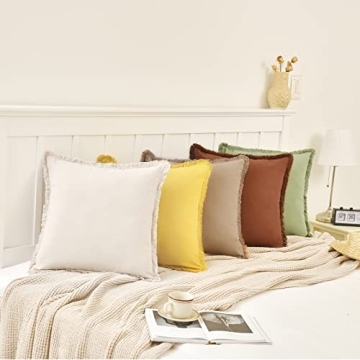 ZWJD Pillow Covers 18x18 Set of 2 Beige Throw Pillow Covers with Fringe Chic Cotton Decorative Pillows Square Cushion Covers for Sofa Couch Bed Living Room Farmhouse Boho Decor