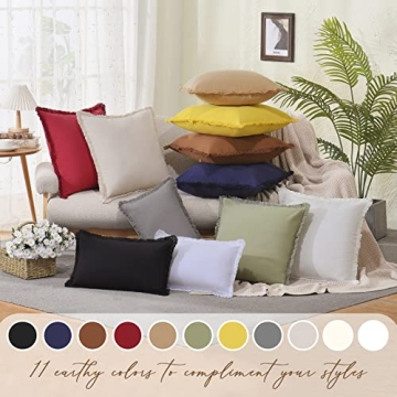 ZWJD Pillow Covers 18x18 Set of 2 Beige Throw Pillow Covers with Fringe Chic Cotton Decorative Pillows Square Cushion Covers for Sofa Couch Bed Living Room Farmhouse Boho Decor