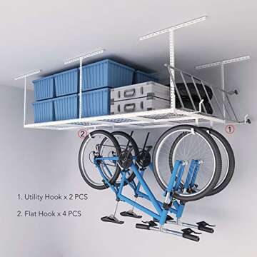 FLEXIMOUNTS 4x8 Overhead Garage Storage Rack w/Hooks Adjustable Ceiling Storage Racks, 96" Length x ...