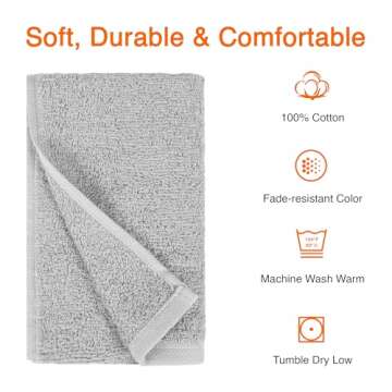 Amazon Basics Absorbent Cotton Gym Hand Towel, Quick Dry, 24-Pack, Gray, 16" x 26"