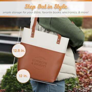 Christian Art Gifts Felt and Faux Leather Fashion Bible Cover Tote Bag for Women: Strength and Digni...