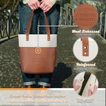 Christian Art Gifts Felt and Faux Leather Fashion Bible Cover Tote Bag for Women: Strength and Dignity - Proverbs 31:25 Bible Verse, Inspirational Durable Two-tone Tote Bag for Books and Supplies