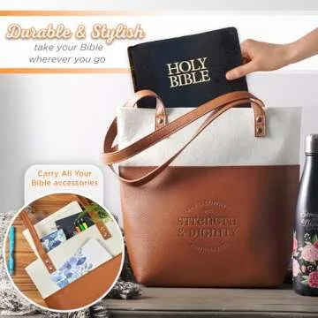 Christian Art Gifts Felt and Faux Leather Fashion Bible Cover Tote Bag for Women: Strength and Dignity - Proverbs 31:25 Bible Verse, Inspirational Durable Two-tone Tote Bag for Books and Supplies