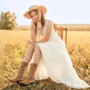 Womens Western Cowgirl Cowboy Boots Mid Calf Snip Toe Fashion Shoes Tan US 9