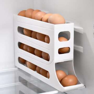 4 Tiers Egg Holder for Fridge - Auto Rolling Fridge Egg Organizer, Space-Saving Egg Dispenser Holder...