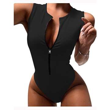 DAAWENXI WHONE Women's Sexy Ribbed Zipper Front Basic Bodycon Stretch Sleeveless Bodysuit Black