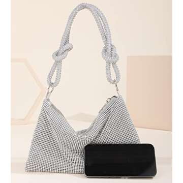 Rhinestone Purse Chic Sparkly Evening Handbags for Women Bling Hobo Bag Shiny Silver Purse for Weddi...