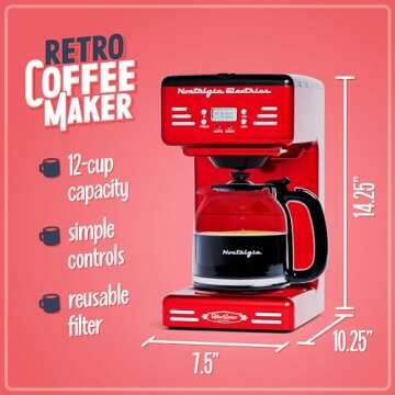 Nostalgia Retro 12-Cup Programmable Coffee Maker with LED Display, Auto Shut-Off & Keep Warm Functio...