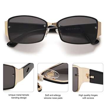 SOJOS Y2K Sunglasses for Women Men Rectangle Rimless Vintage Metal Shades,Gold Black