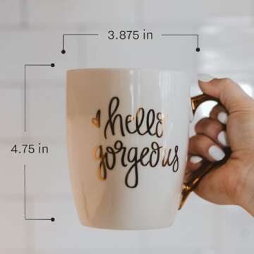 Sweet Water Decor Cute Coffee Mugs with Golden Handle | Girly Make Up & Mascara 16oz China Coffee Cup with Quote | Embellished with Real Gold & Microwave Safe (Hello Gorgeous)